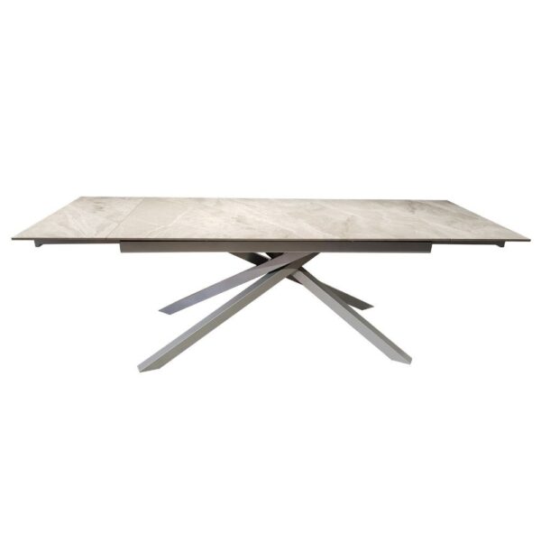 Tavolo allungabile Nefti con top in ceramica colore grigio chiaro italiano lucido con gambe argento