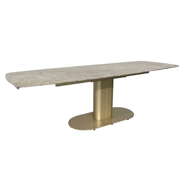 Tavolo allungabile Vesta con top in ceramica colore marrone atene lucido e gambe dorate