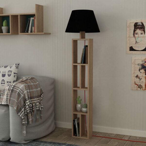 Lampada da terra Giorno con libreria rovere e parlume nero