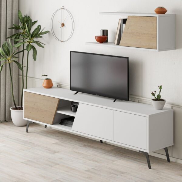 Porta tv Fiona bianco con anta rovere e mensola