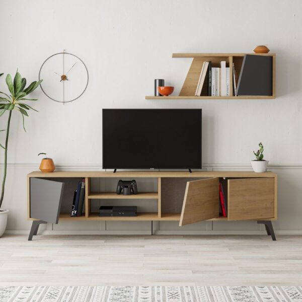 Porta tv Fiona rovere con anta antracite e mensola