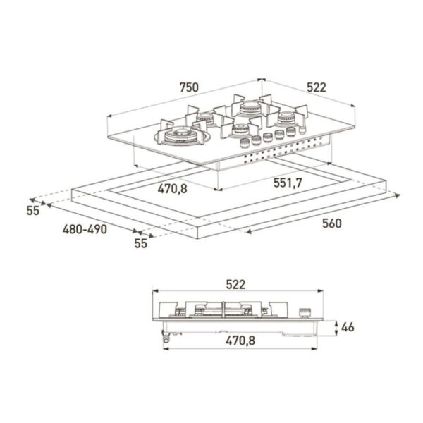 Piano cottura da 75 cm 5 fuochi gas inox GIGA7235250X Grundig