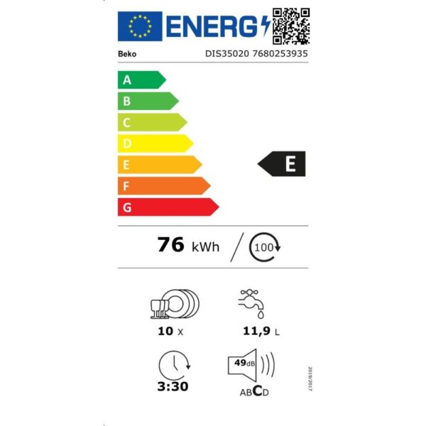 Lavastoviglie Beko DIS35020 45 cm. scomparsa totale 10 coperti classe E