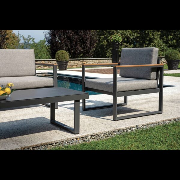 Salotto Cerveteri In Alluminio Antracite + Braccioli In Resin Wood Color Teak Moia
