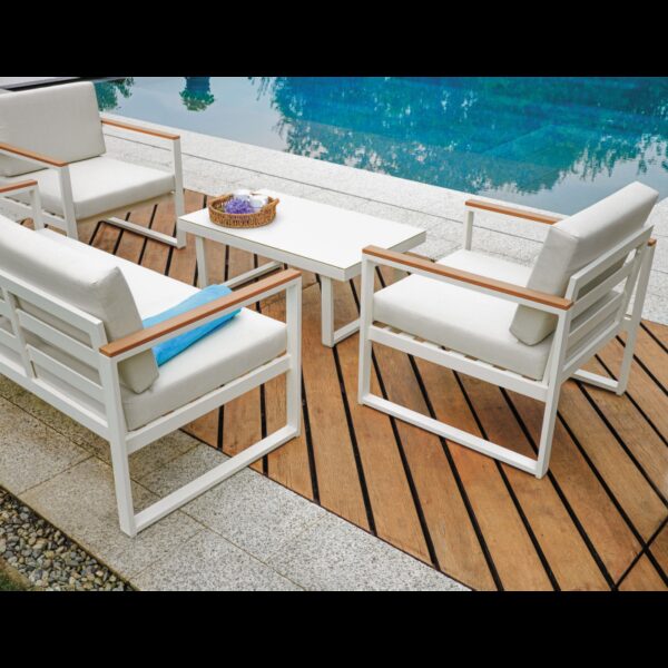 Salotto Cerveteri In Alluminio Bianco + Braccioli In Resin Wood Color Teak Moia