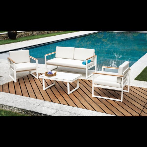 Salotto Cerveteri In Alluminio Bianco + Braccioli In Resin Wood Color Teak Moia