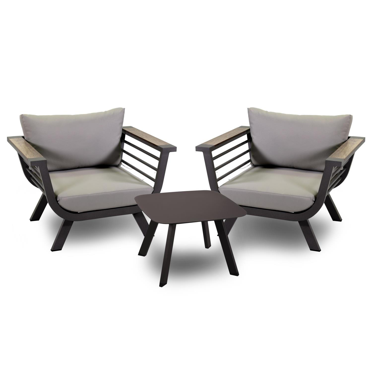 Salotto alluminio riverside tortora con cuscini crema (bracciolo in hpl) 3 pezzi