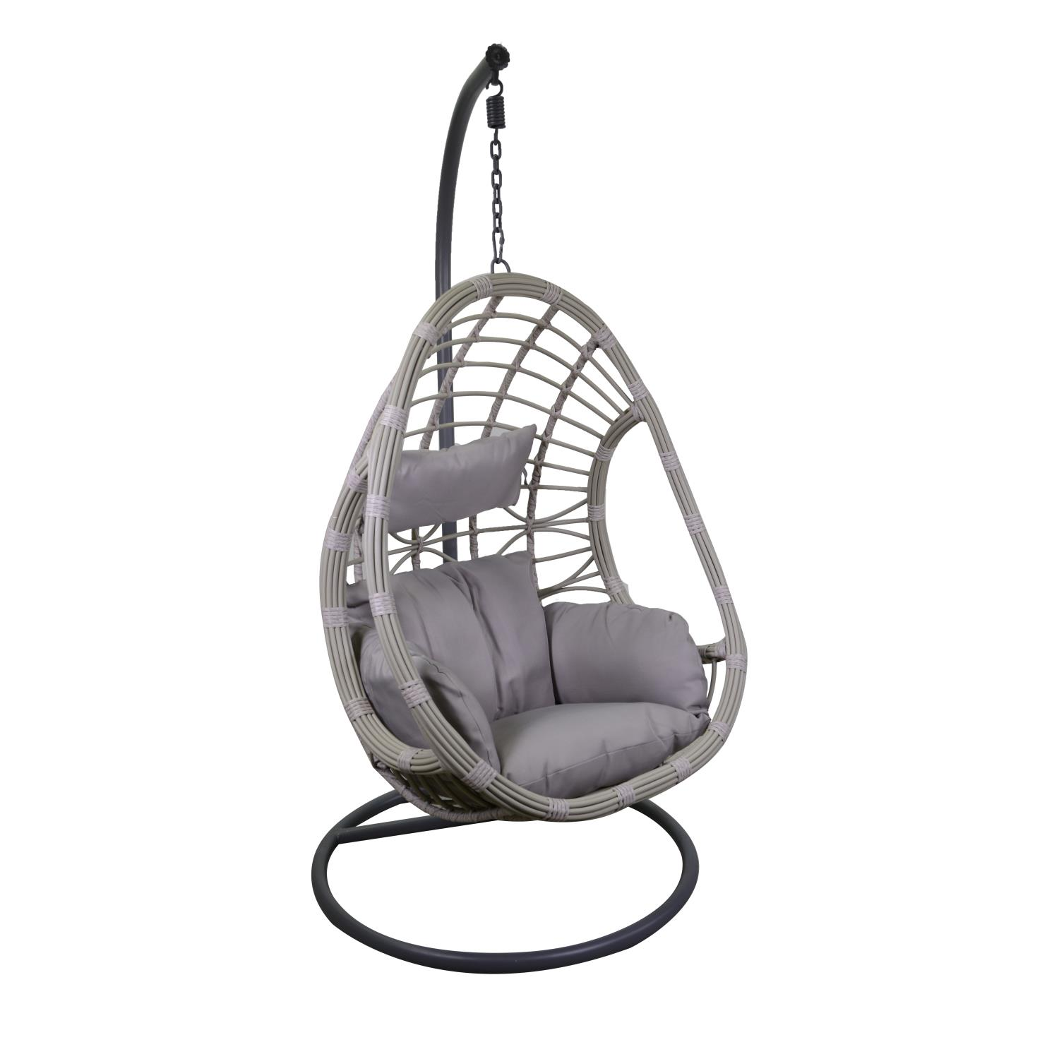 Dondolo pensile polyrattan Lincoln grigio con supporto e cuscino cm90x75h193