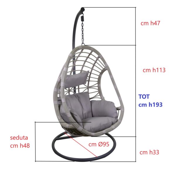 Dondolo pensile polyrattan Lincoln grigio con supporto e cuscino cm90x75h193