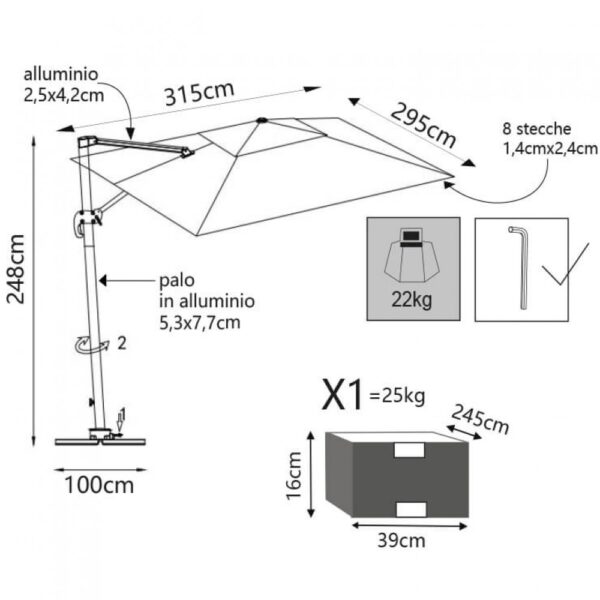 OMBRELLONE CON LED 3 X 3 PITAGORA ANTRACITE TELO GRIGIO
