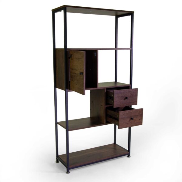 Scaffale Mudra 4piani + 2cassetti + 1anta legno noce e nero smontato cm 78x30h158