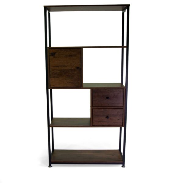 Scaffale Mudra 4piani + 2cassetti + 1anta legno noce e nero smontato cm 78x30h158