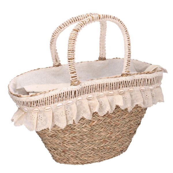 Borsa paglia naturale con pizzo crema econchiglie cm 60x16h26/30