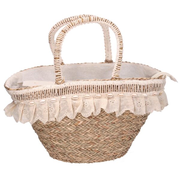Borsa paglia naturale con pizzo crema econchiglie cm 60x16h26/30