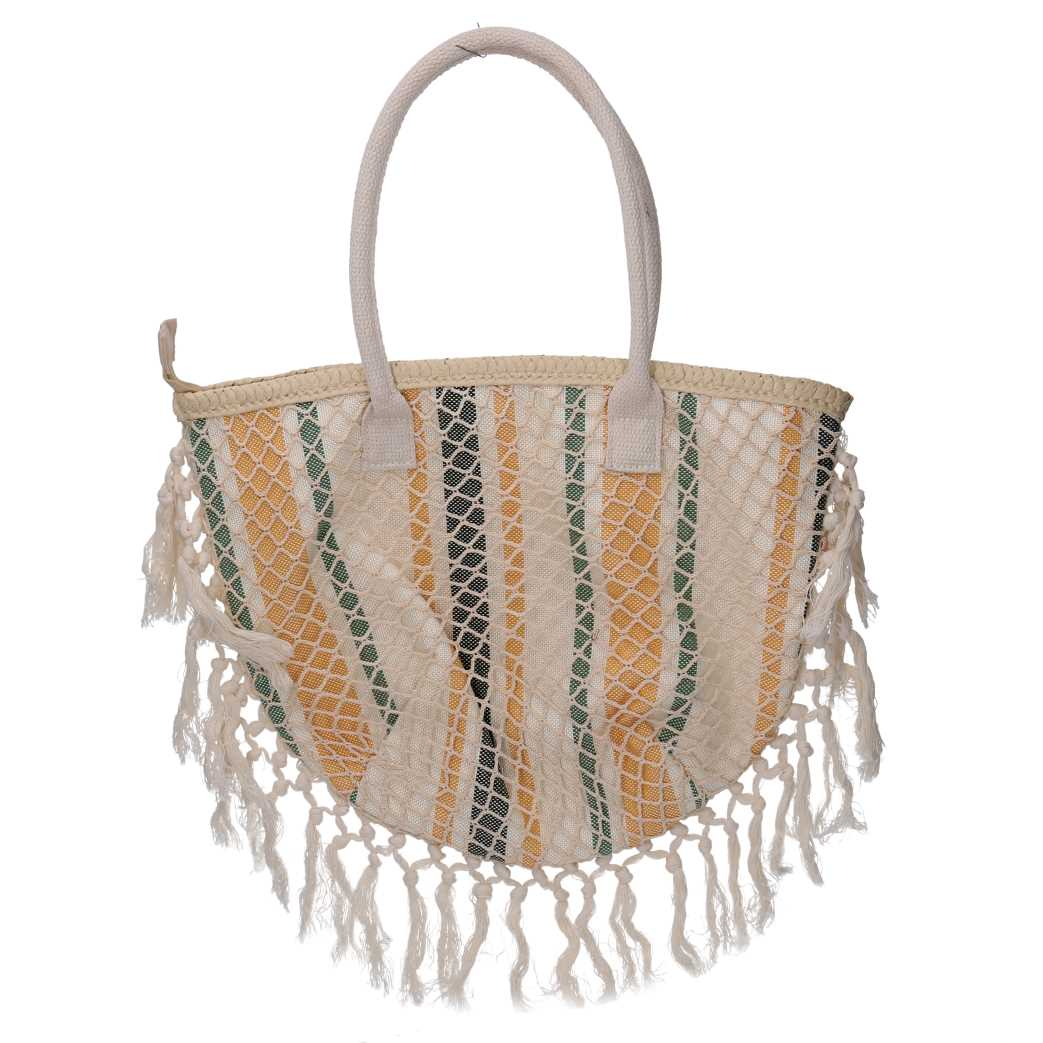 Borsa tessuto righe arancioni con nappecm40x13h32/50