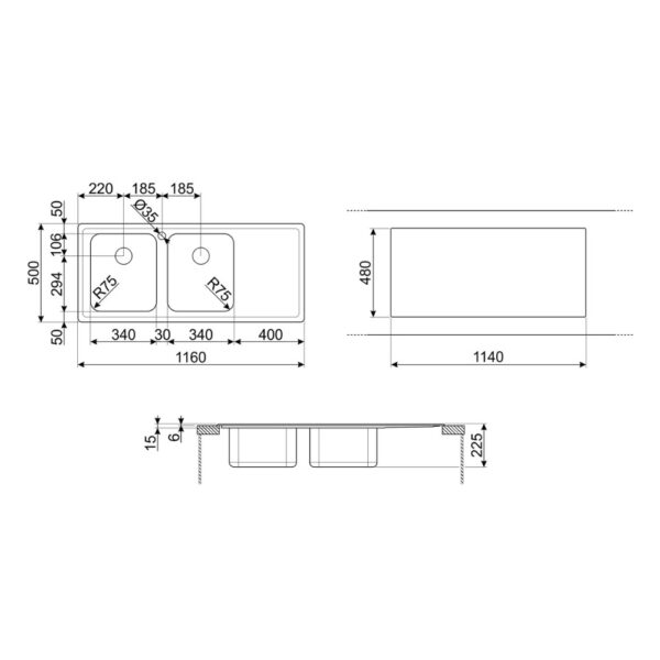 Lavello Smeg LM116S2 due vasche con gocciolatoio sinistro 116x50 cm inox