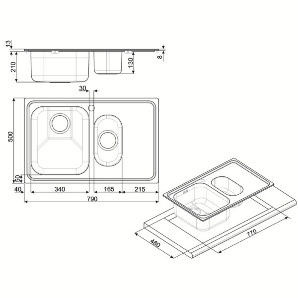 Lavello Smeg SP7915SN 79x50 cm 1+1/2 vasca con gocciolatoio sinistro acciaio inox nero