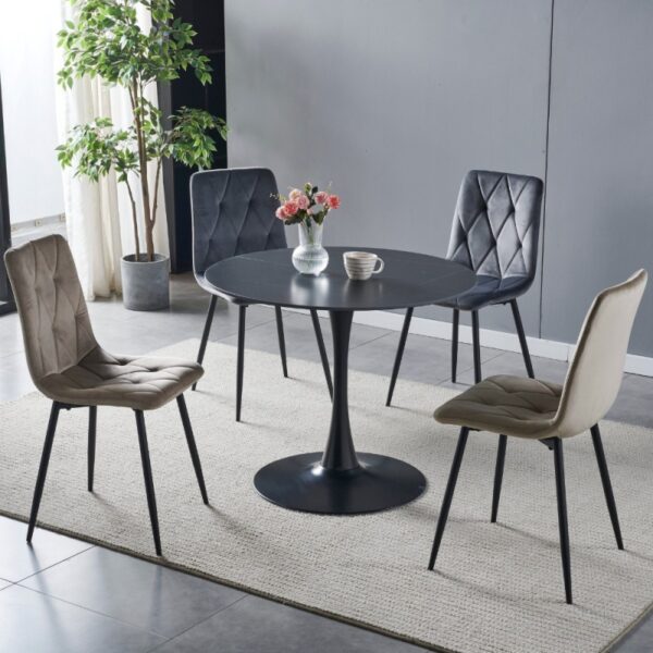 Tavolo rotondo Dot con piano in ceramica effetto marmo nero opaco con particolari oro e gamba nera