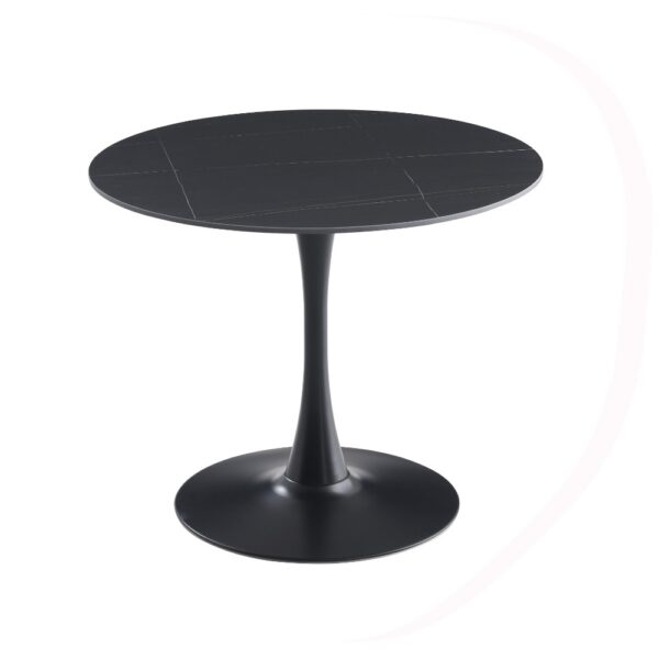 Tavolo rotondo Dot con piano in ceramica effetto marmo nero opaco con particolari oro e gamba nera