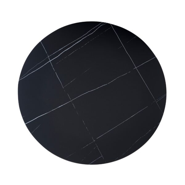 Tavolo rotondo Dot con piano in ceramica effetto marmo nero opaco con particolari oro e gamba nera