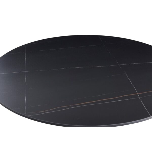 Tavolo rotondo Dot con piano in ceramica effetto marmo nero opaco con particolari oro e gamba nera