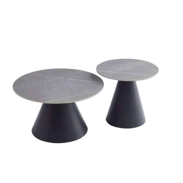 Tavoli da salotto Mush con piano in ceramica effetto marmo grigio opaco con gamba nera