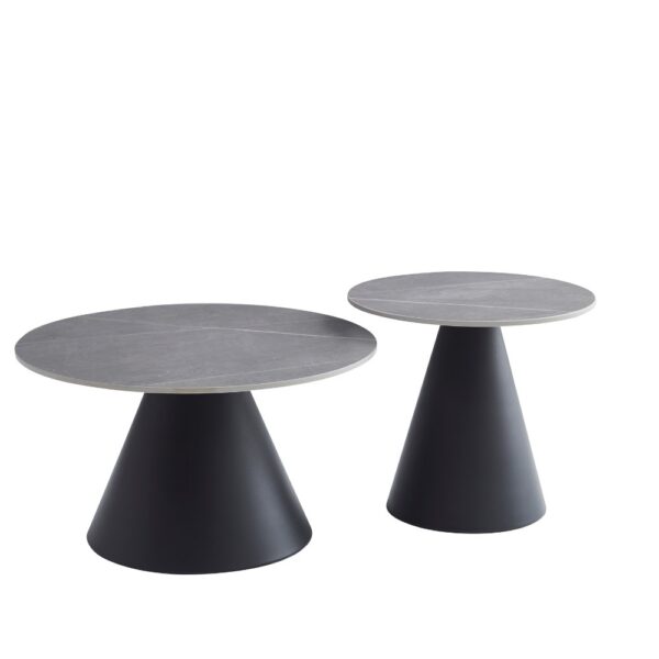 Tavoli da salotto Mush con piano in ceramica effetto marmo grigio opaco con gamba nera