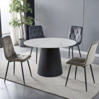 Tavolo rotondo Lauren in ceramica effetto marmo colore bianco lucido e base metallo nera
