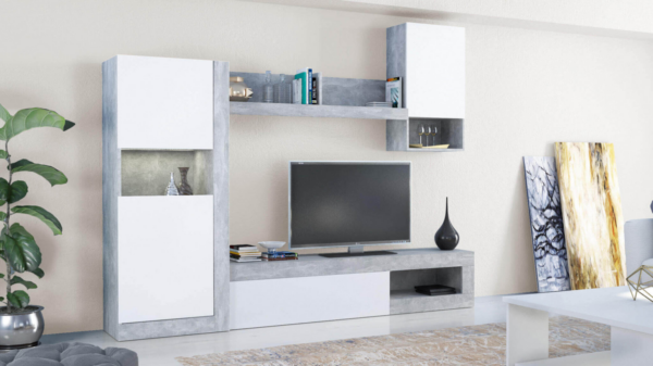 PARETE SOGGIORNO ROOMY BIANCO E GRIGIO EFFETTO CEMENTO - immagine 3