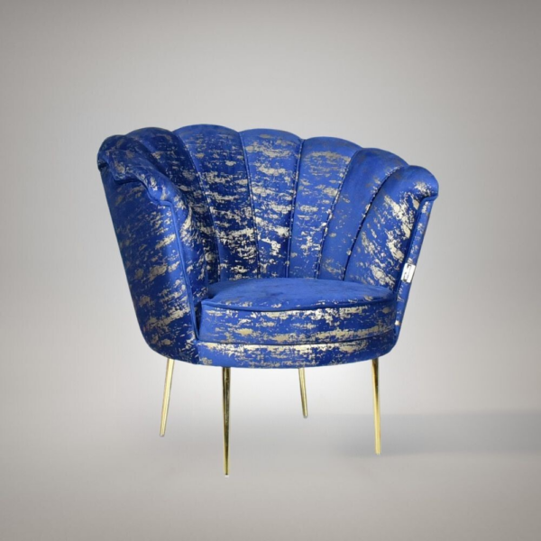 Poltrona Orel in velluto blu con fantasia oro Arya Gold 24 bordo blu e piedini oro
