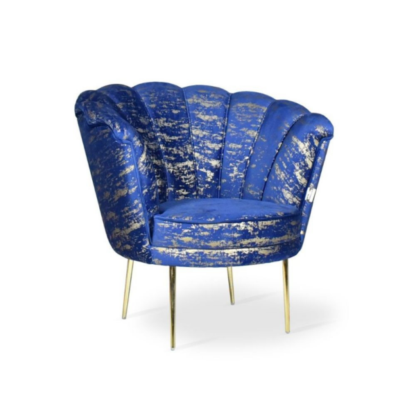 Poltrona Orel in velluto blu con fantasia oro Arya Gold 24 bordo blu e piedini oro - immagine 3