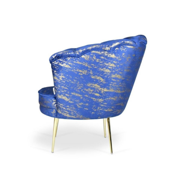 Poltrona Orel in velluto blu con fantasia oro Arya Gold 24 bordo blu e piedini oro - immagine 4