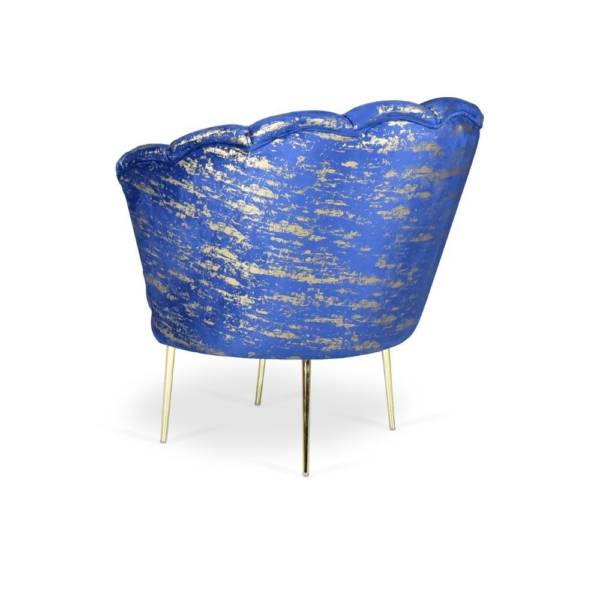 Poltrona Orel in velluto blu con fantasia oro Arya Gold 24 bordo blu e piedini oro - immagine 5