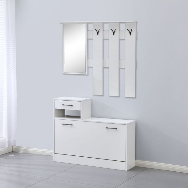 Mobile ingresso Rudolf XL con specchio e scarpiera colore bianco con maniglie nere