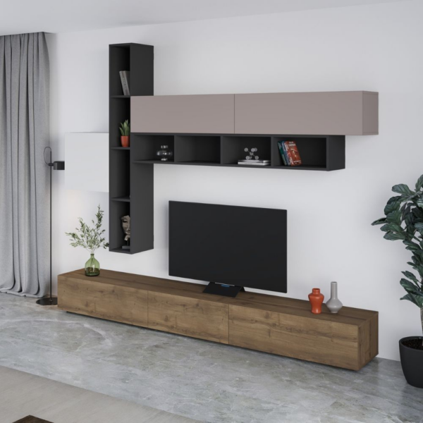 Parete attrezzata Fashion base colore hitit noce e pensili antracite, bianco e light mocha H 205x40x275 cm. - immagine 2