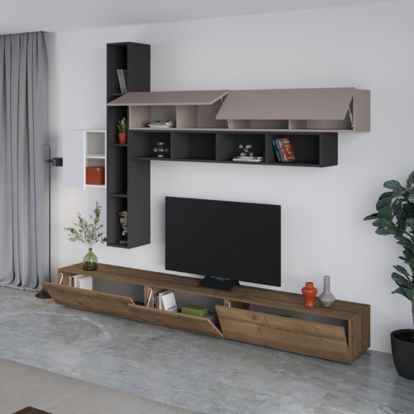 Parete attrezzata Fashion base colore hitit noce e pensili antracite, bianco e light mocha H 205x40x275 cm. - immagine 3