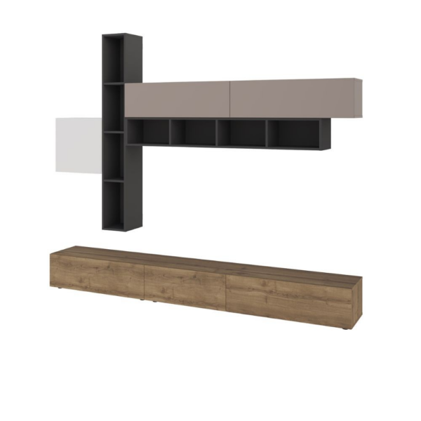 Parete attrezzata Fashion base colore hitit noce e pensili antracite, bianco e light mocha H 205x40x275 cm. - immagine 5