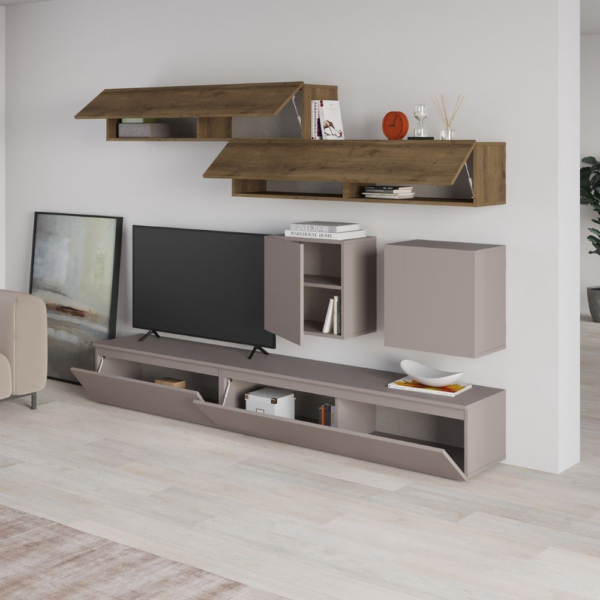 Parete attrezzata Licia in light mocha e hitit noce H 186x40x250 cm. - immagine 4