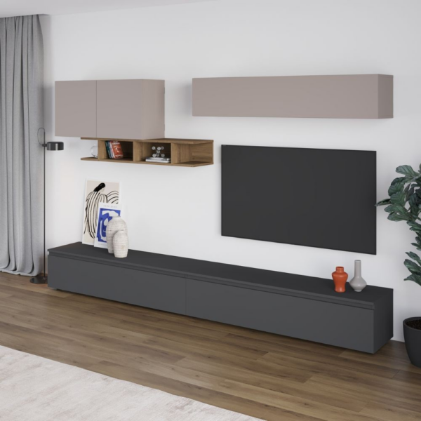 Parete attrezzata Monica colore antracite con dettagli light mocha e hitit noce - immagine 2