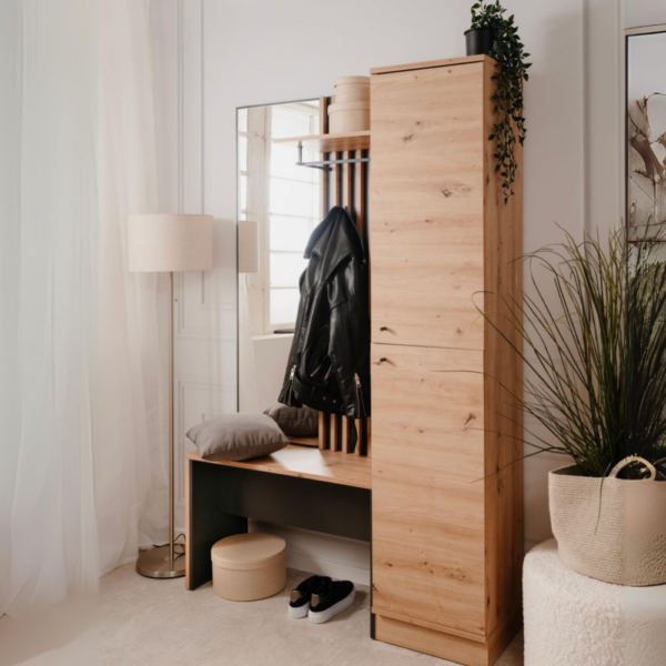 Mobile ingresso Medan 42B cannettato con 2 ante e panca colore quercia e antracite - immagine 4