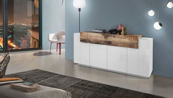 Credenza Coro Moderna 4 ante - Bianco Lucido e Acero Pereira