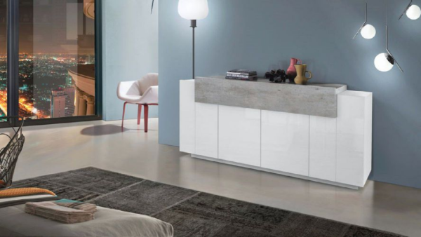 Credenza Coro Moderna 4 ante - Bianco Lucido e Cemento