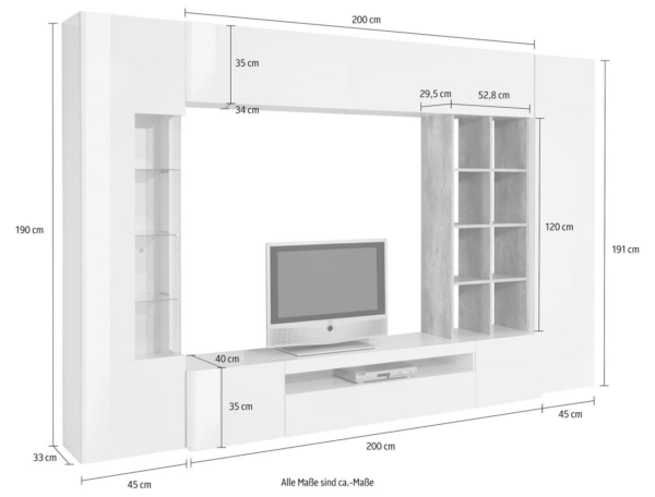 Parete soggiorno Egypt - 290x191x40cm - Bianco Lucido e Cemento - immagine 3