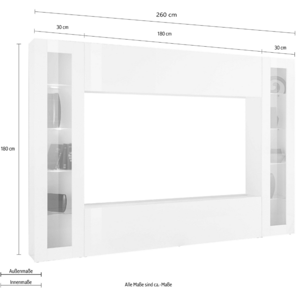 Parete soggiorno Maruska 2 vetrine- 260x180x30 - Bianco Lucido - immagine 2
