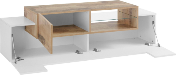 Porta TV New Coro 160 - 2+1 ante con ripiano in vetro - Bianco Lucido/Acero Pereira