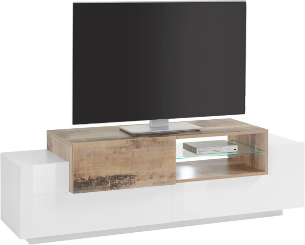 Porta TV New Coro 160 - 2+1 ante con ripiano in vetro - Bianco Lucido/Acero Pereira - immagine 3