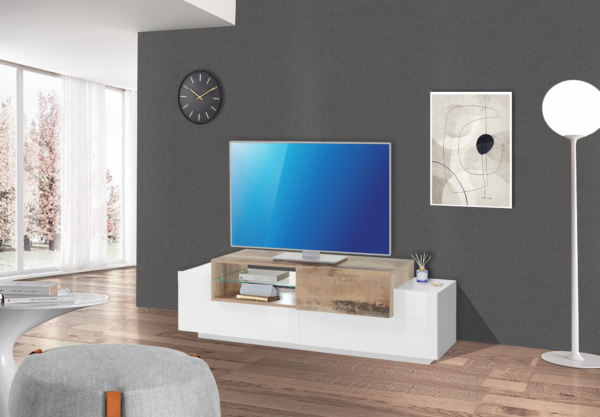 Porta TV New Coro 160 - 2+1 ante con ripiano in vetro - Bianco Lucido/Acero Pereira - immagine 4