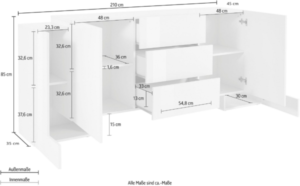 Credenza Pillon 210 - 2+2 ante + 3 cassetti - Bianco Lucido/Acero Pereira
