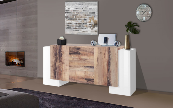 Credenza Pillon 210 - 2+2 ante + 3 cassetti - Bianco Lucido/Acero Pereira - immagine 4