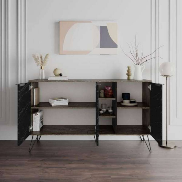 Madia Clara Bendir dark coffe 3 ante effetto marmo nero 142x35,5x83h - immagine 2
